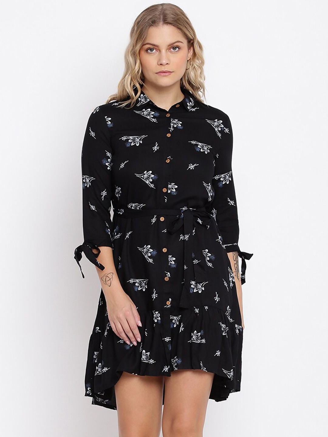 

abof Black Floral Printed Collared Shirt Dress
