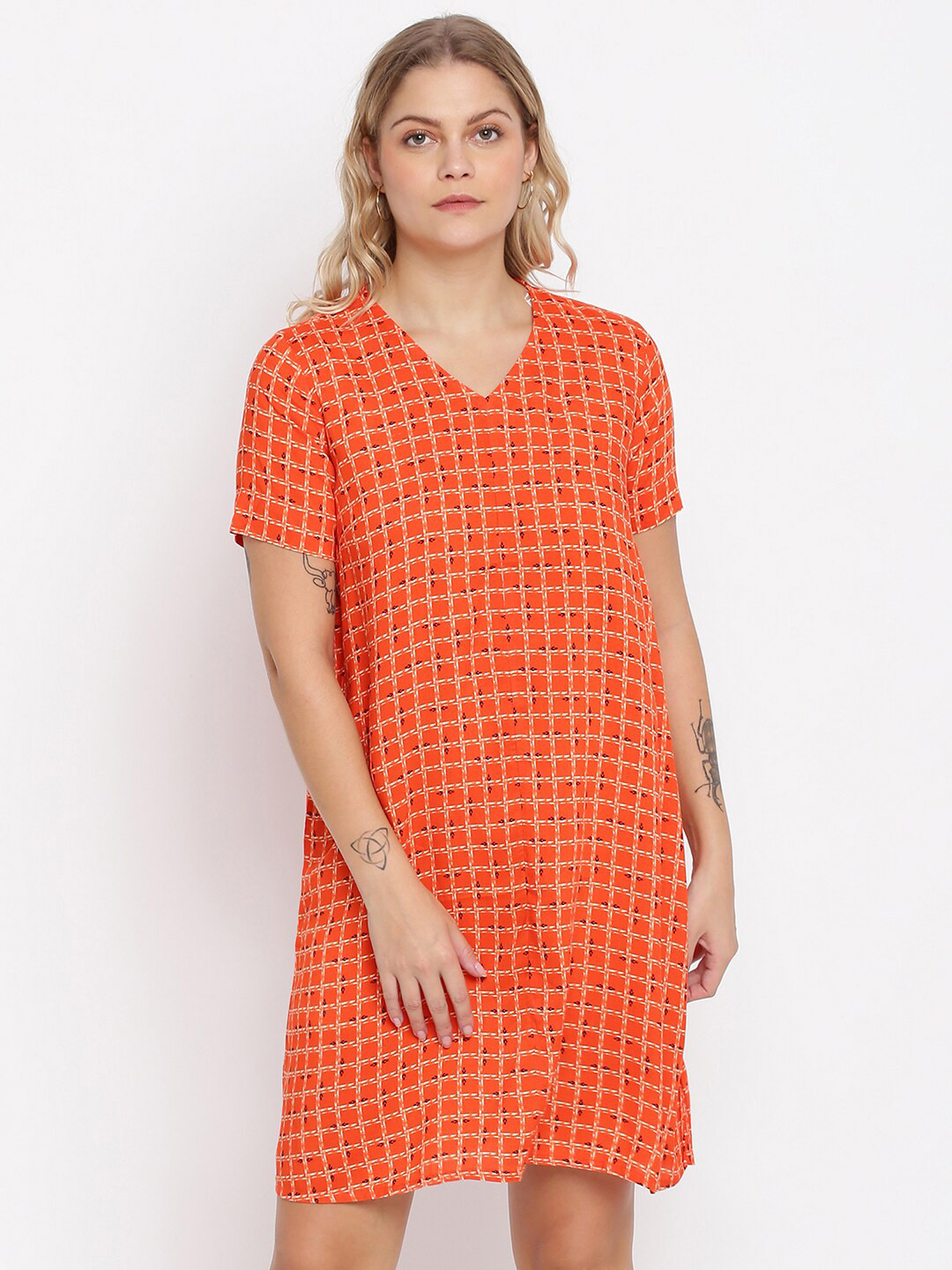 

abof Orange Checked Printed A-Line Dress