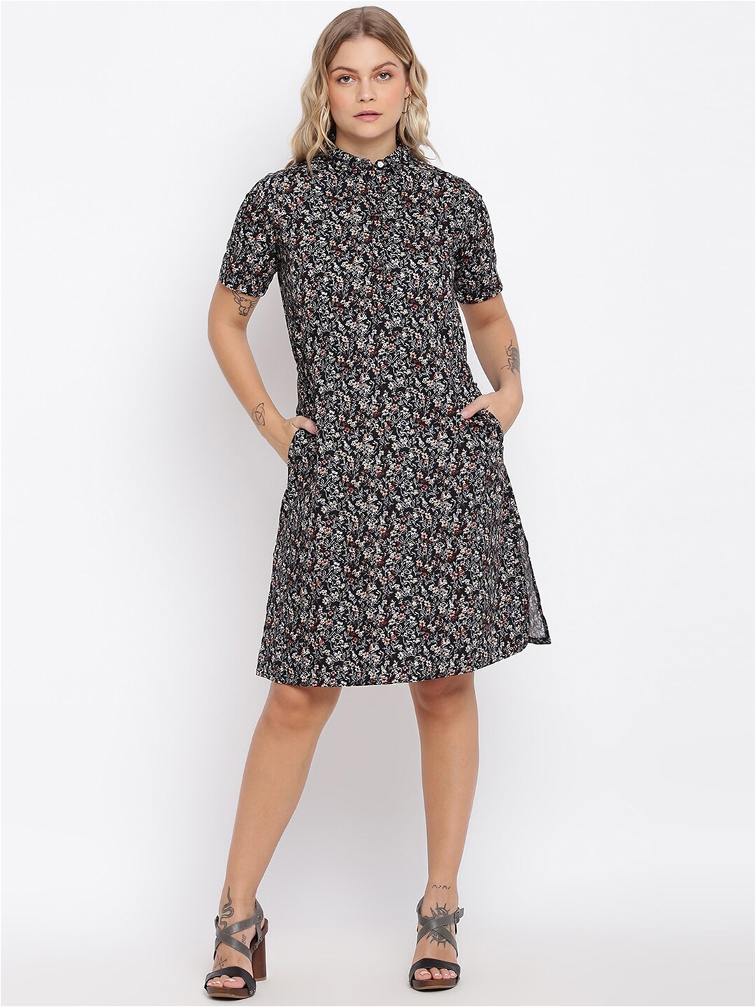 

abof Black & Orange Floral Printed Collared A-Line Dress
