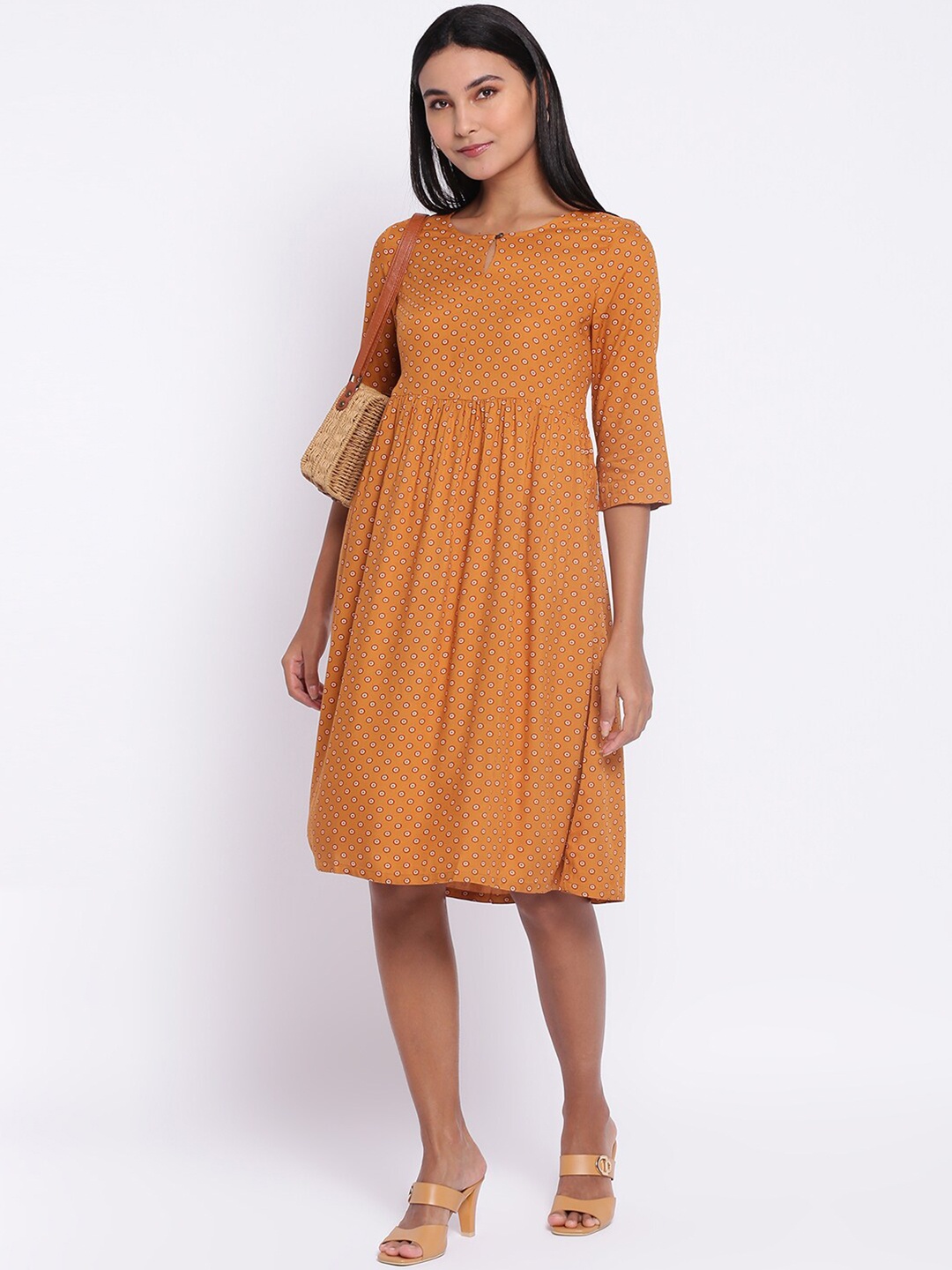 

abof Brown Keyhole Neck Printed Flare Dress