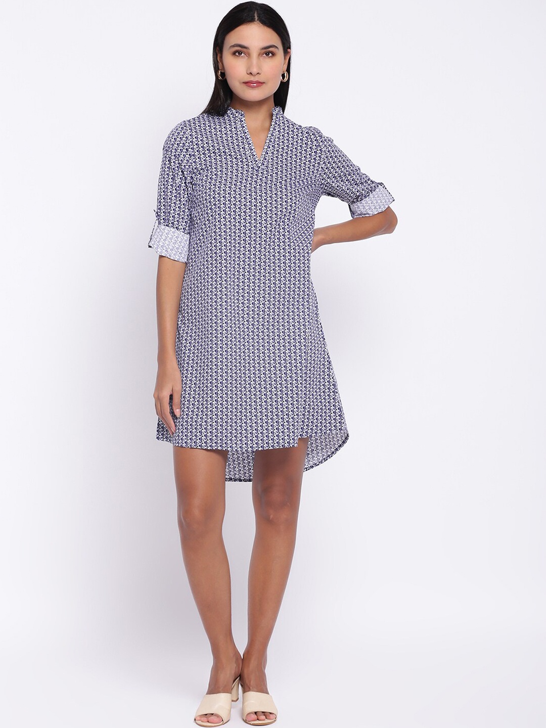 

abof Blue Printed Mandarin Collar A-Line Dress