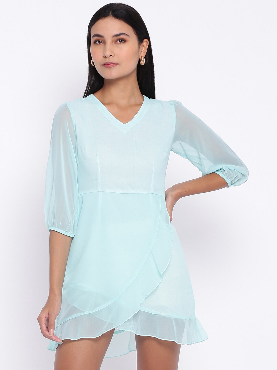 

abof Blue Solid V-Neck A-Line Dress