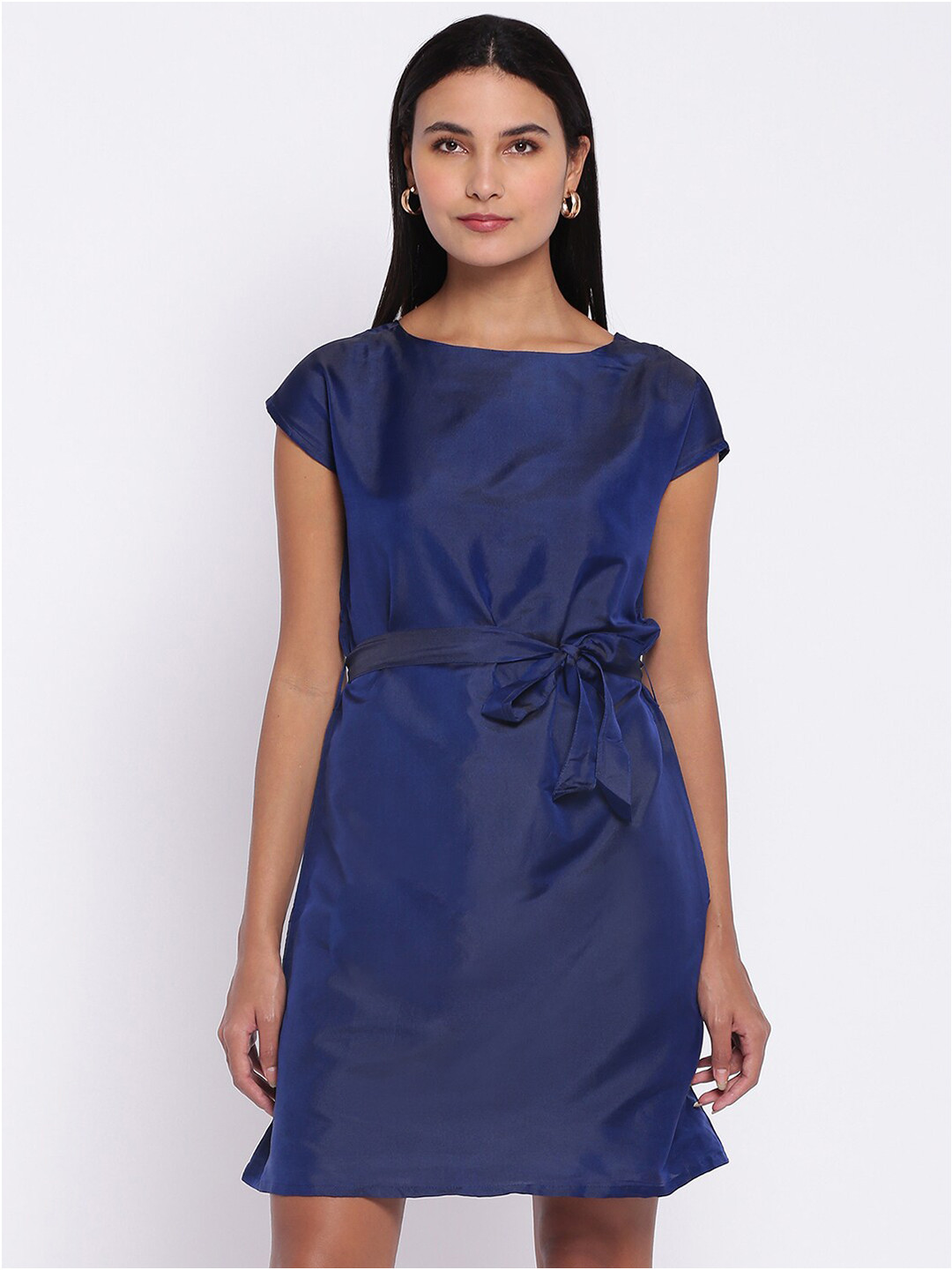 

abof Blue Solid Boat Neck Short Sleeve A-Line Dress