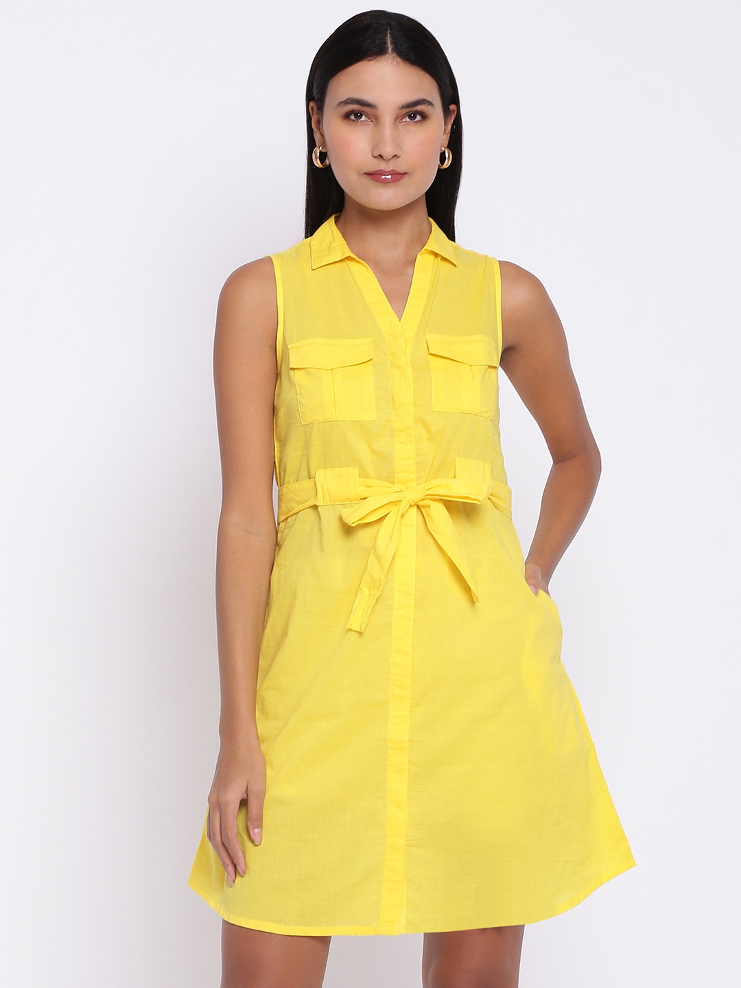 

abof Yellow Collared Sleeveless Cotton Shirt Dress