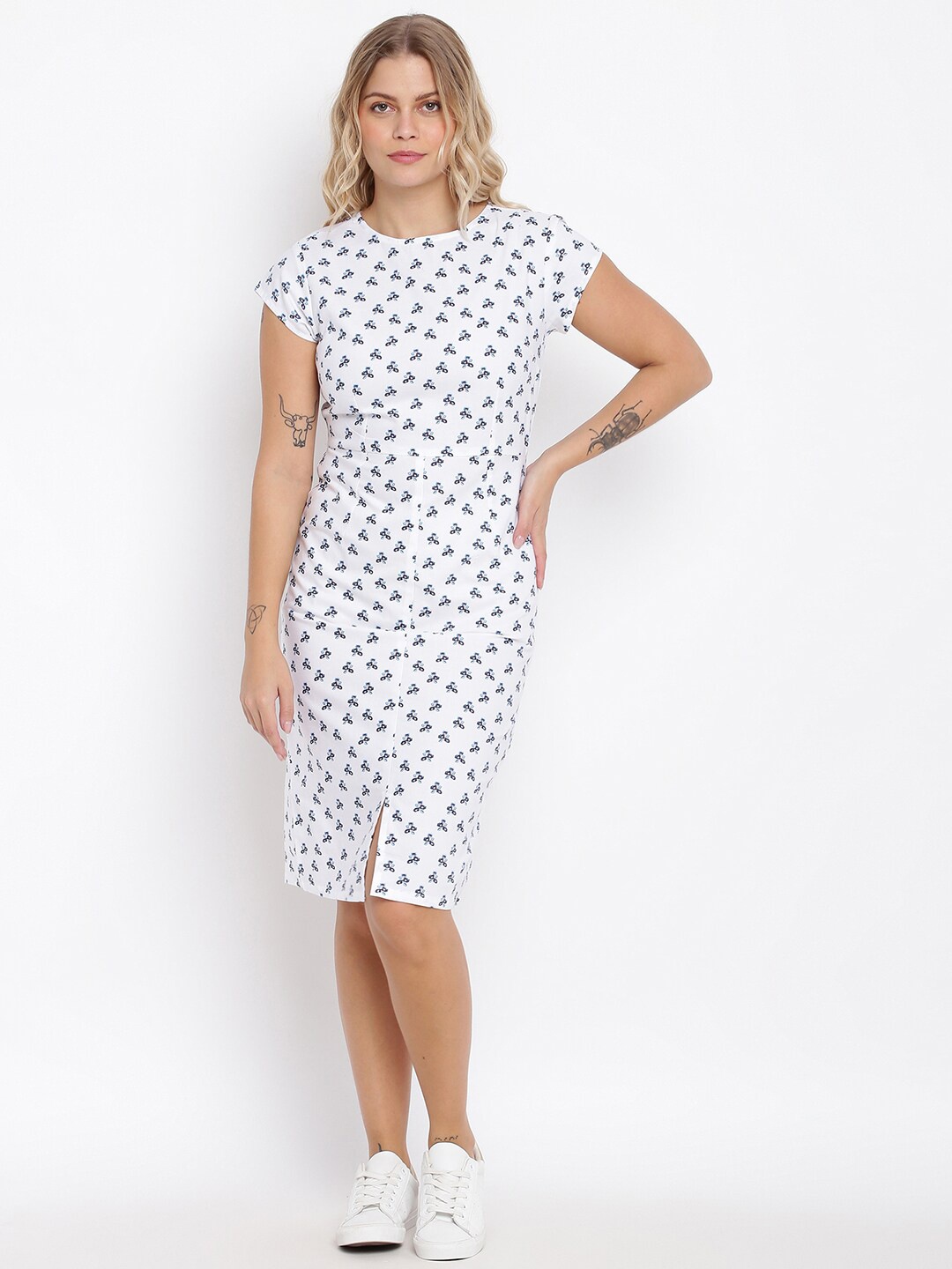 

abof White Floral Printed Round Neck Short Sleeve Sheath Dress