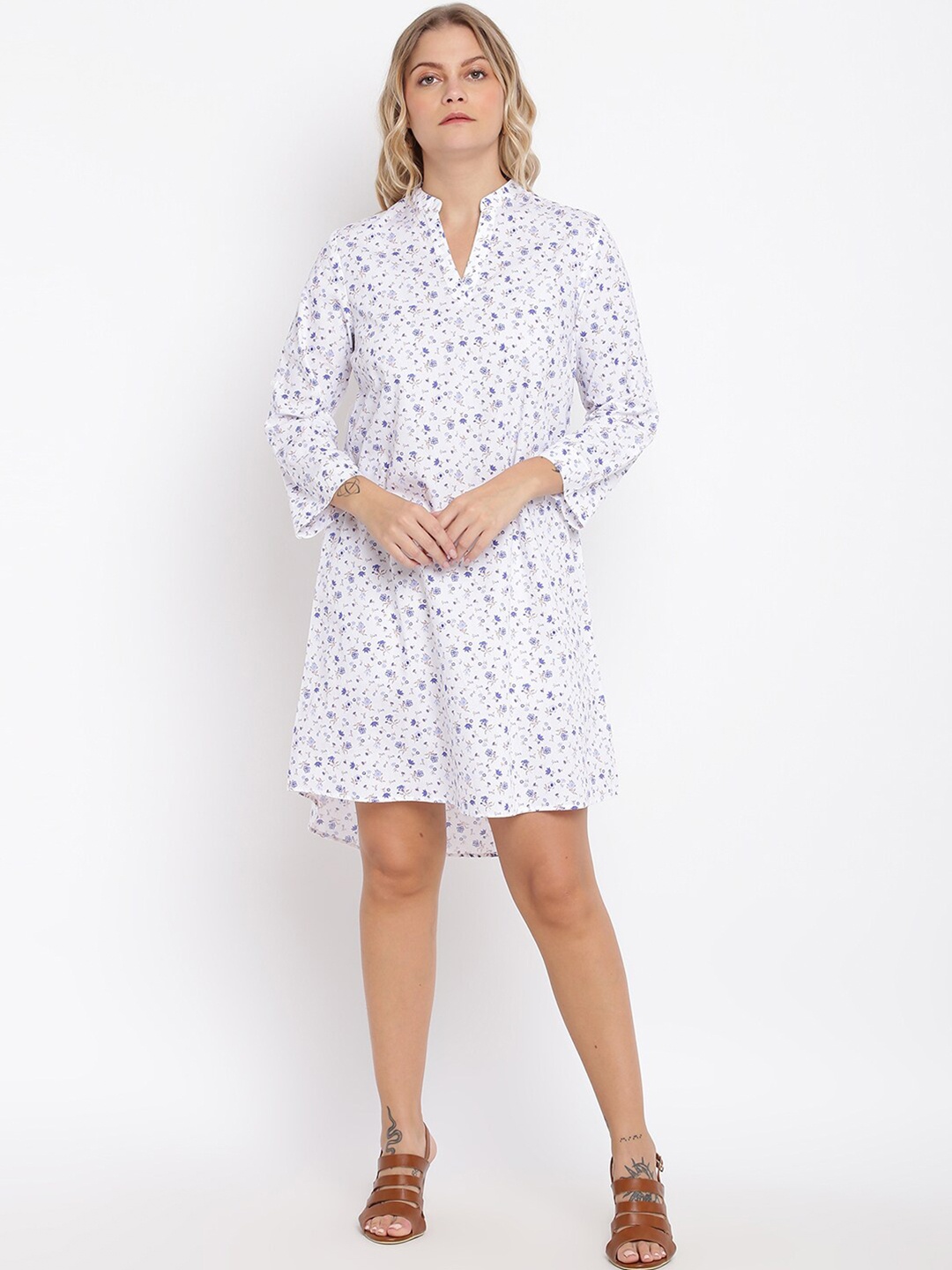 

abof White Floral Print Mandarin Collar Full Sleeve Shirt Dress