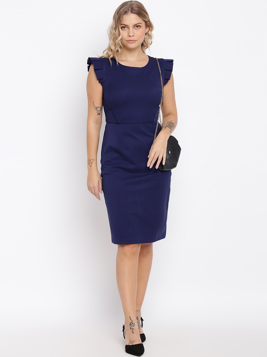 

abof Blue Solid Round Neck Short Sleeve Sheath Dress