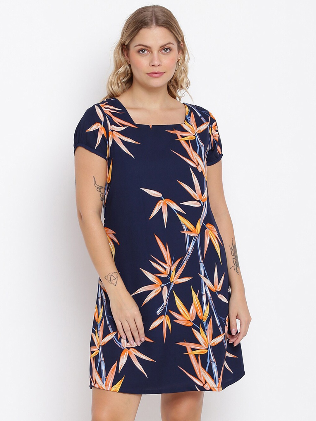 

abof Navy Blue & Orange Tropical Printed A-Line Dress