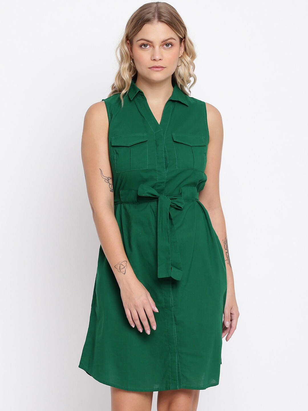 

abof Women Green Solid Sleeveless Shirt Style Dress