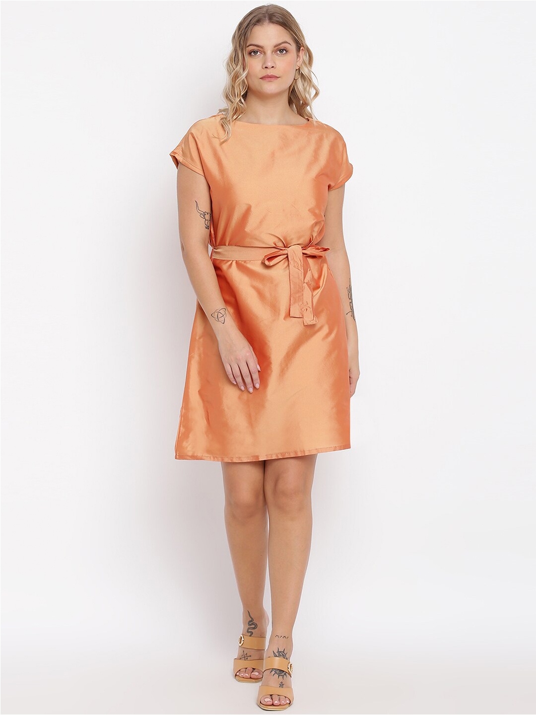 

abof Women Peach Solid Boat Neck A-Line Dress