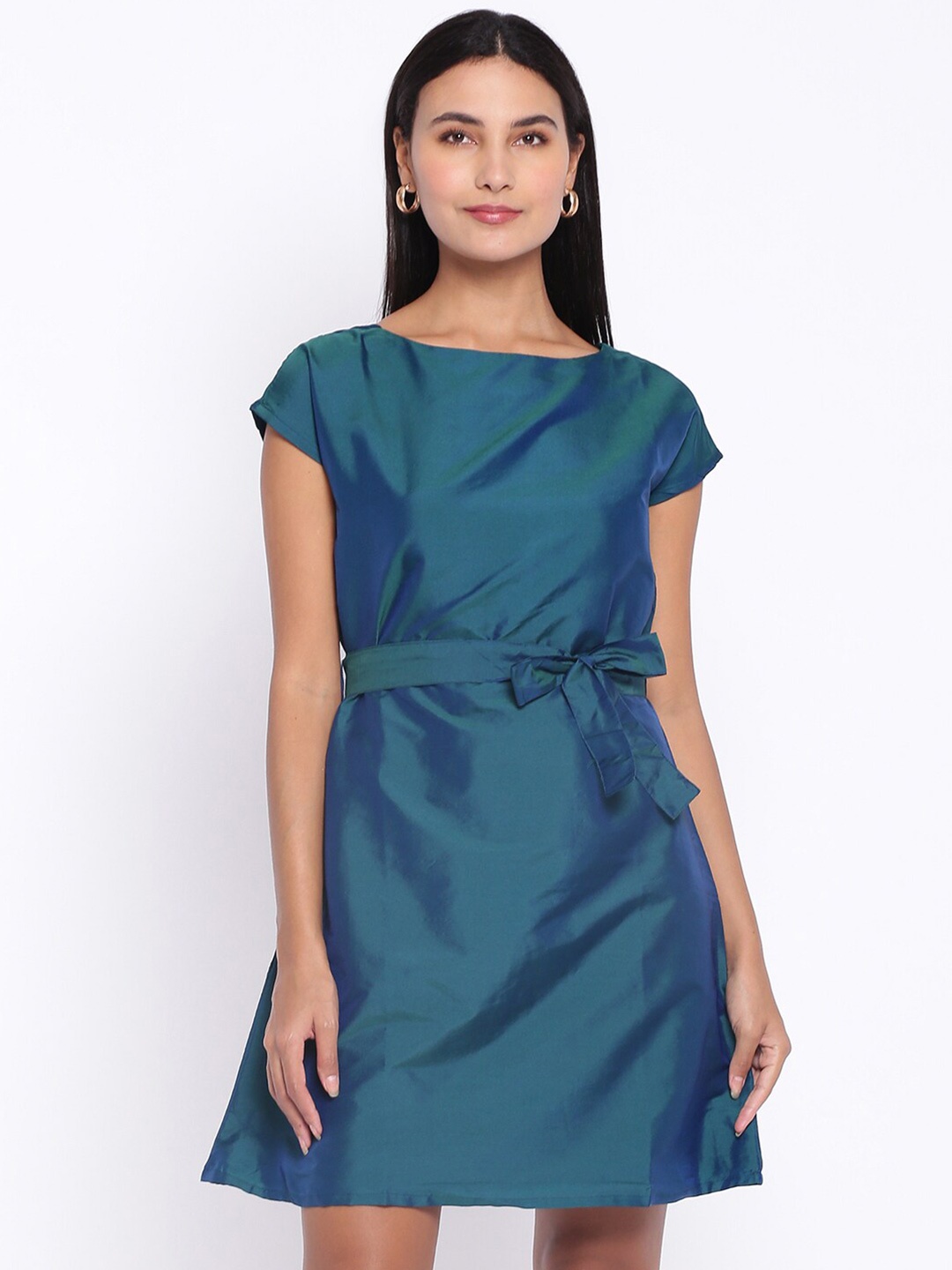 

abof Women Teal Solid Boat Neck A-Line Dress