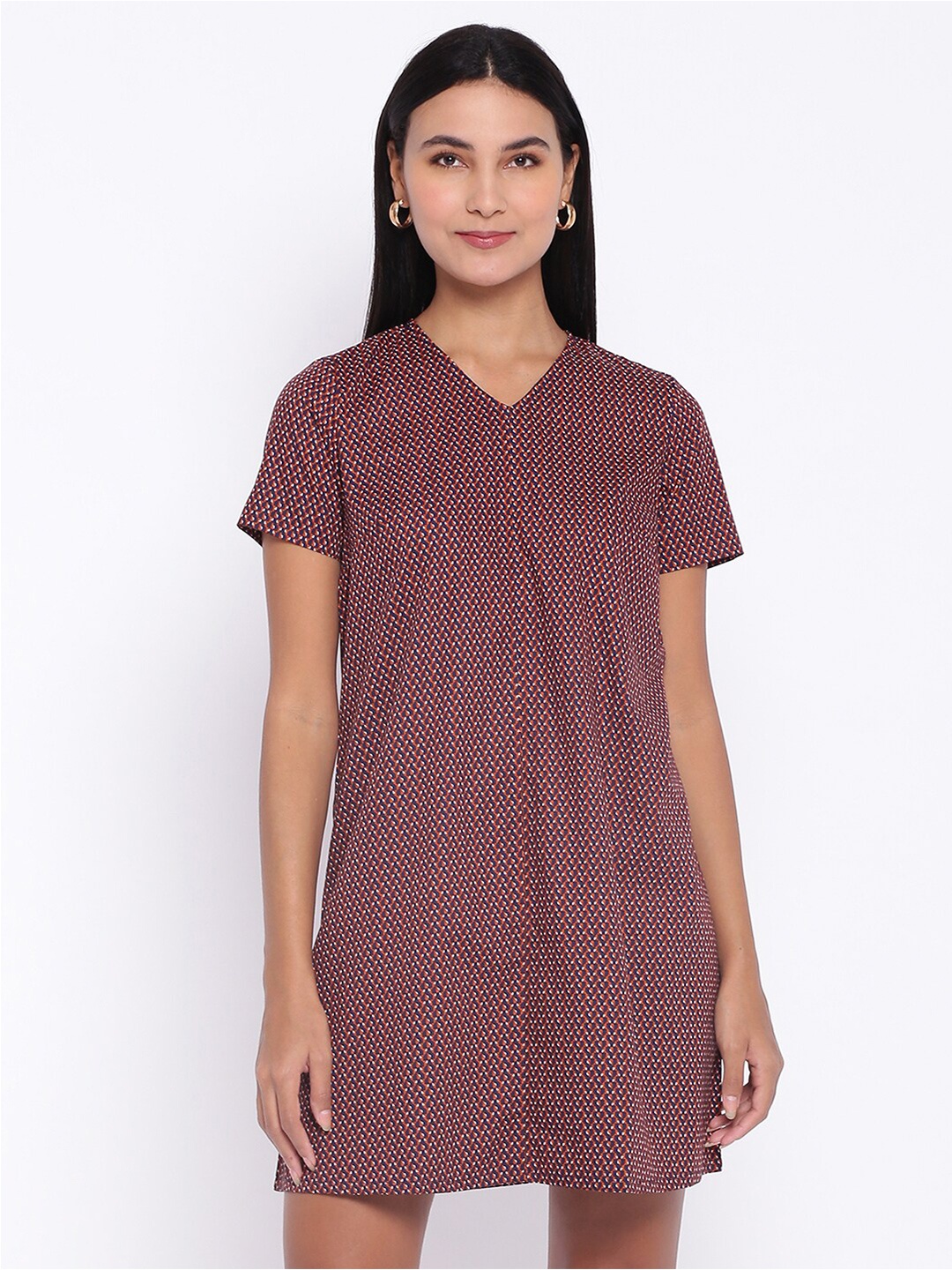 

abof Women Navy Blue & Orange Printed V-Neck A-Line Dress