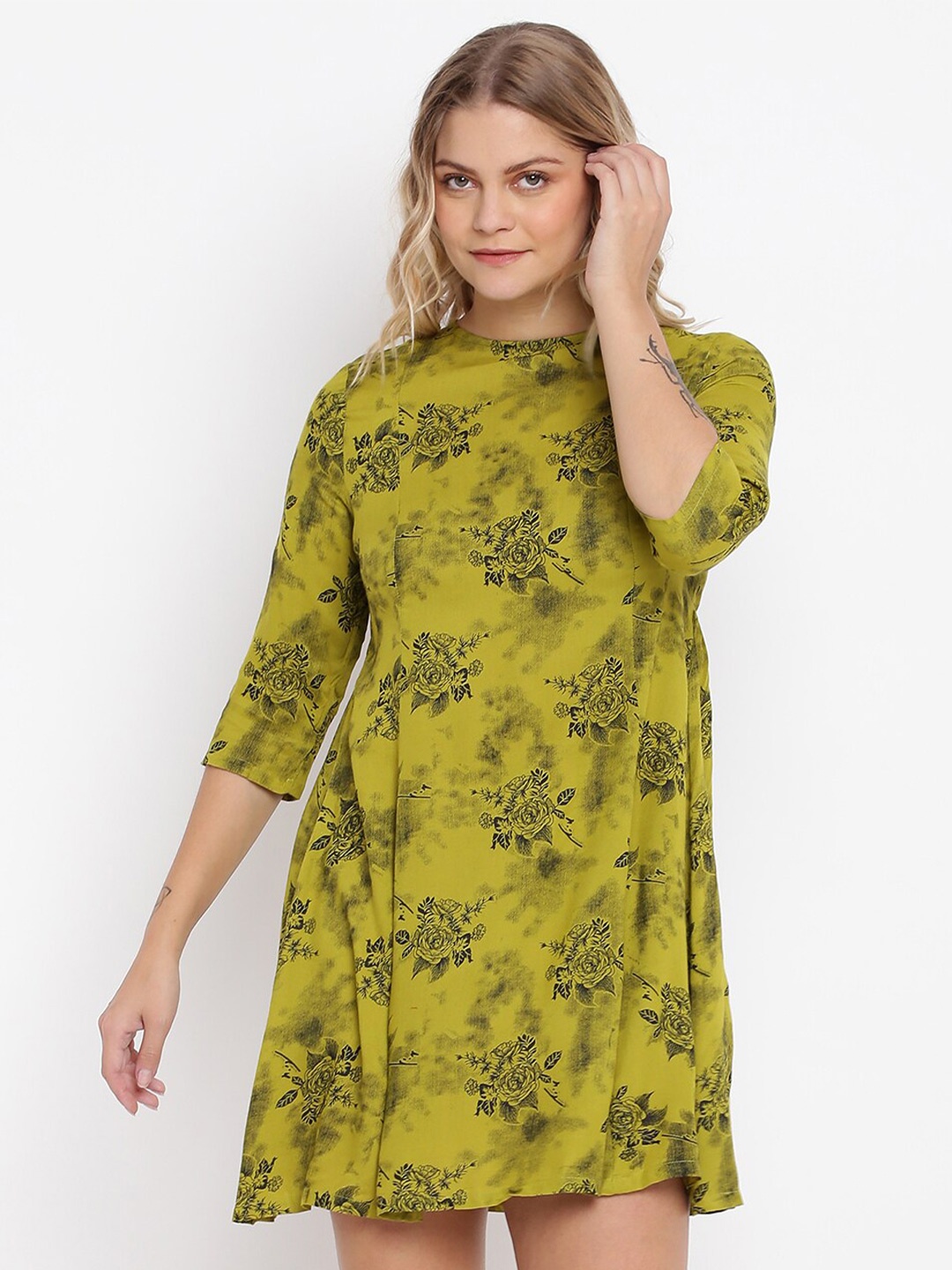 

abof Women Olive Green Floral Print A-Line Mini Dress