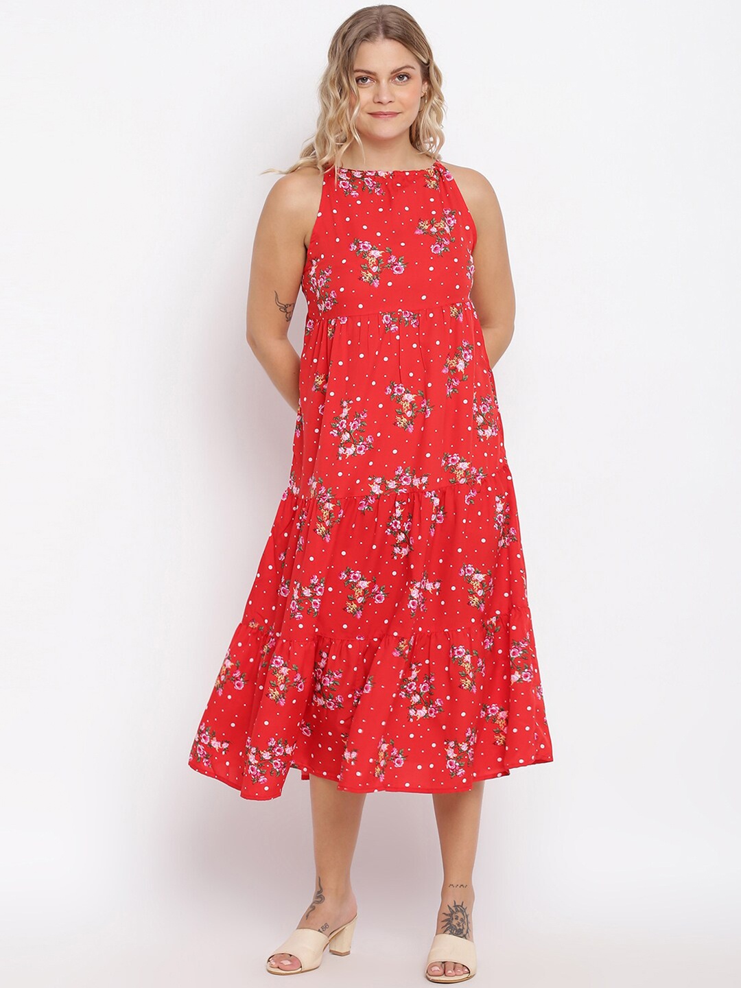 

abof Women Red & Pink Floral Printed A-Line Midi Dress