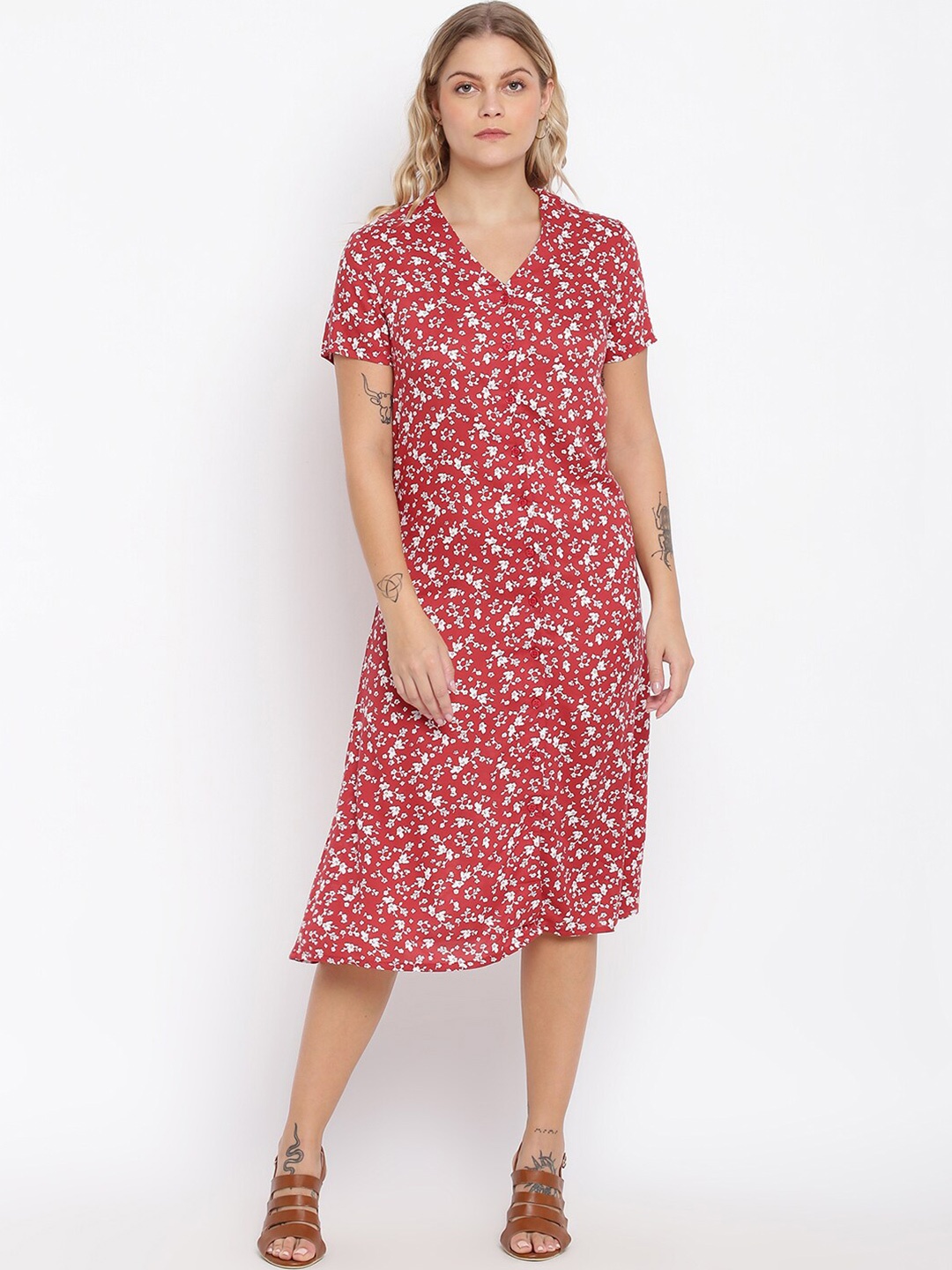 

abof Women Red & White Floral Print A-Line Midi Dress