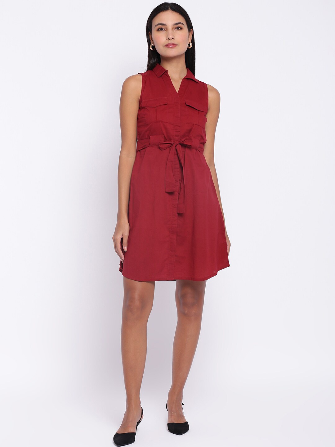 

abof Women Maroon Solid Spread Collar Shirt Style Dress