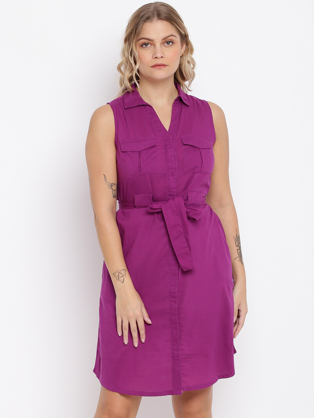 

abof Women Purple Solid Spread Collar Shirt Style Dress