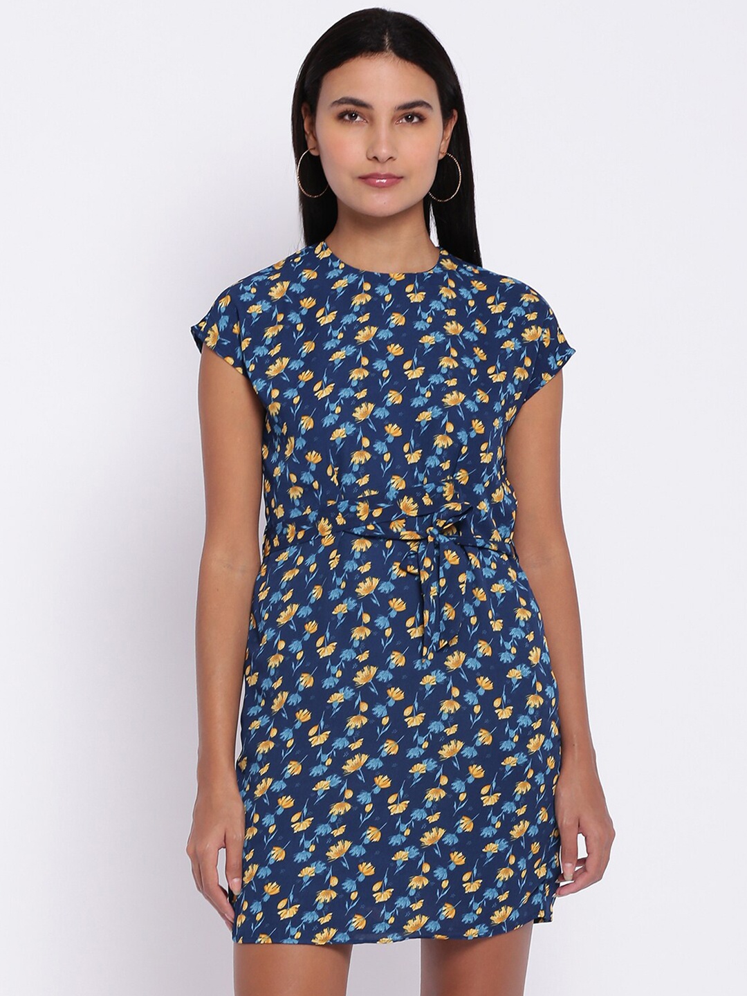 

abof Women Blue & Mustard Yellow Floral Printed Sheath Dress