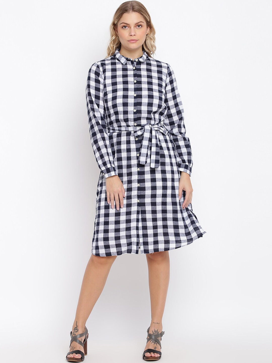 

abof Women Black & White Checked Cotton Shirt Style Dress