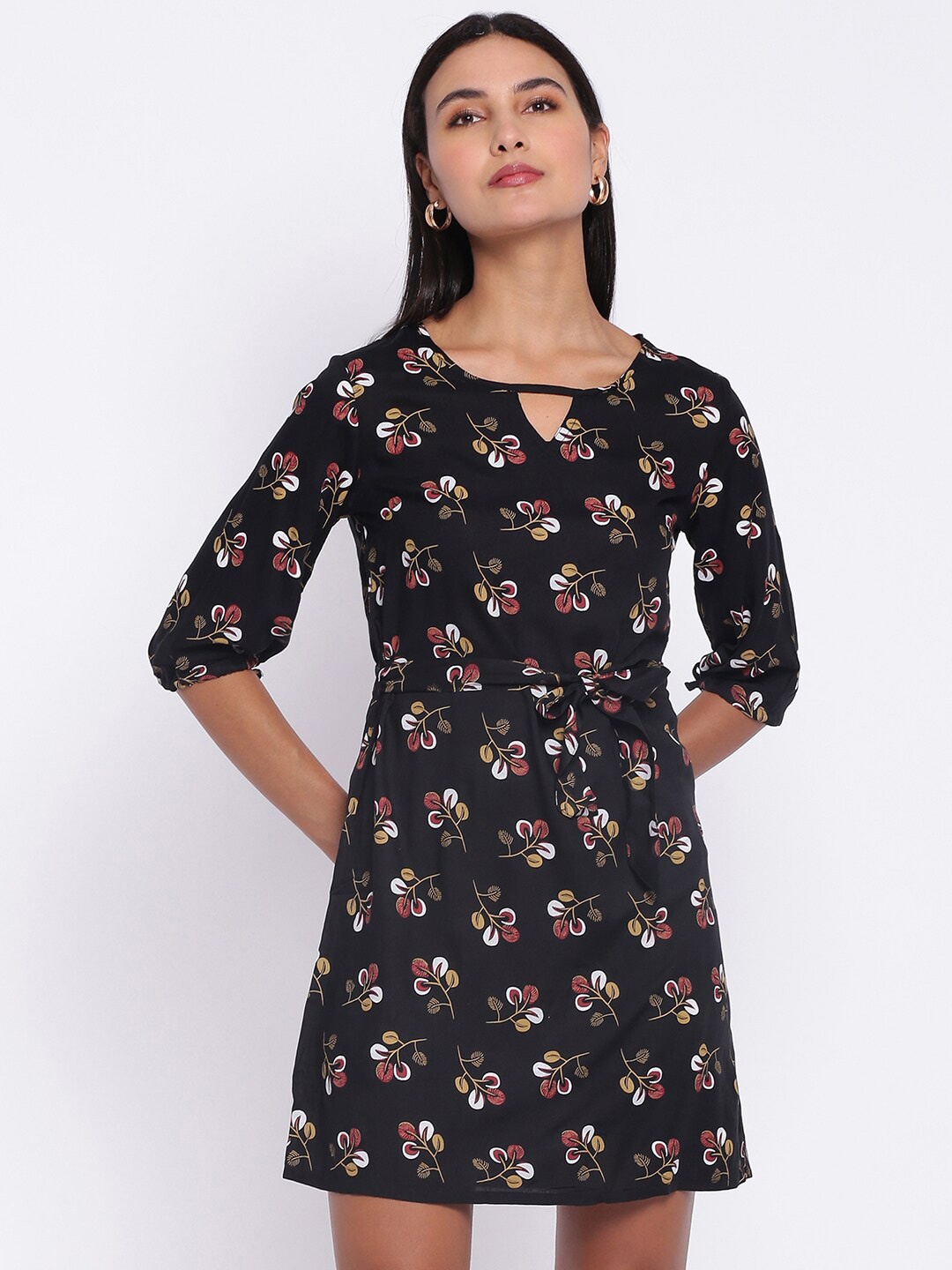 

abof Women Black & Brown Floral Print Keyhole Neck A-Line Dress