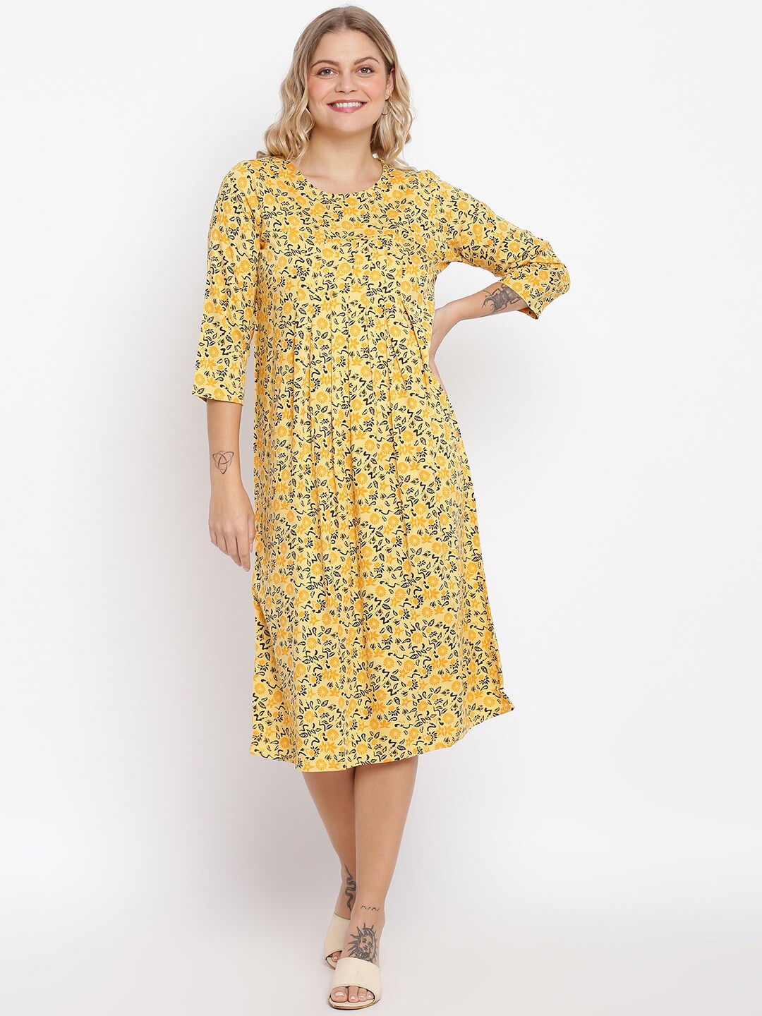 

abof Women Yellow & Black Floral Print Empire Midi Dress