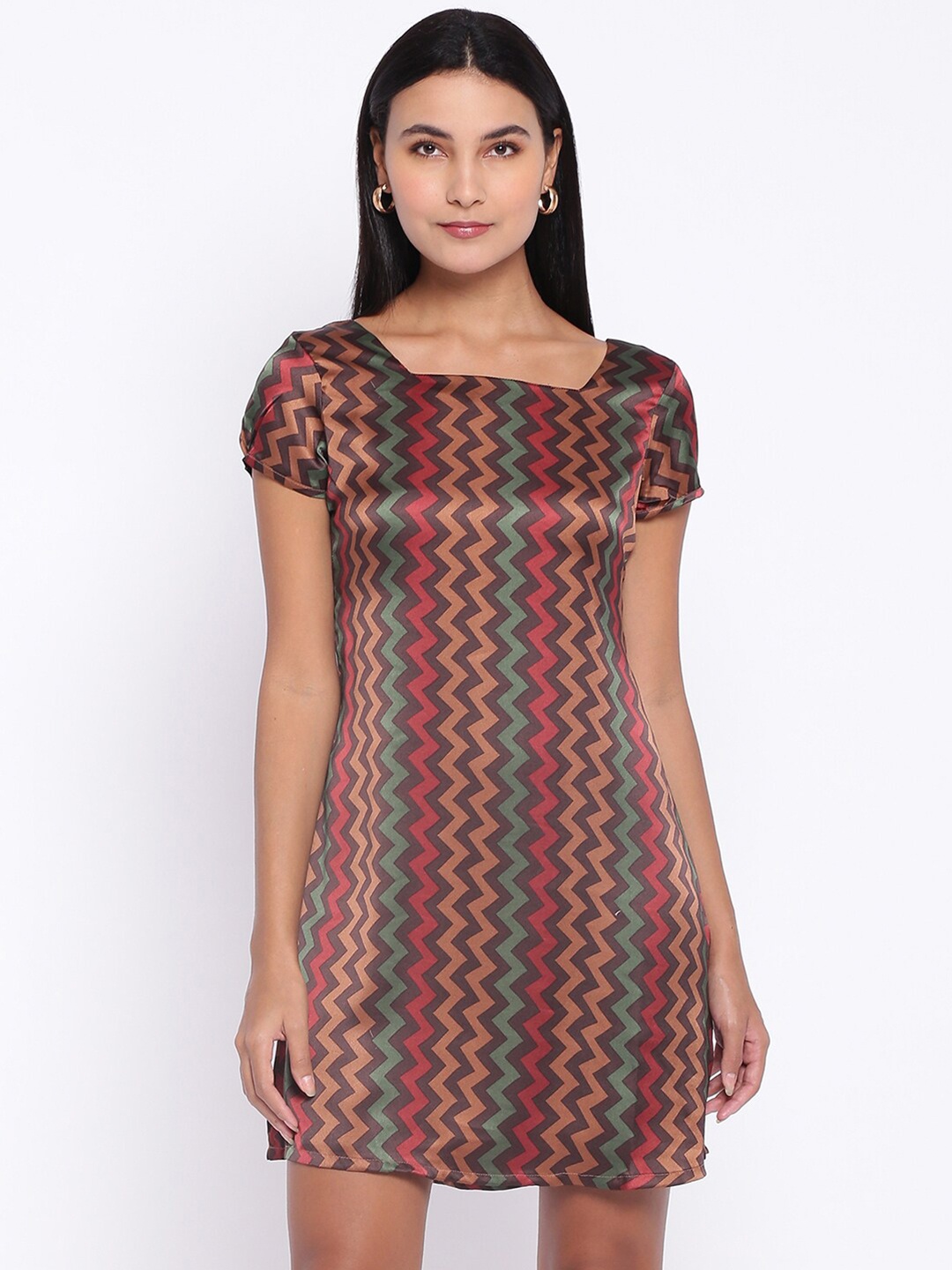 

abof Women Brown & Green Chevron Print A-Line Mini Dress