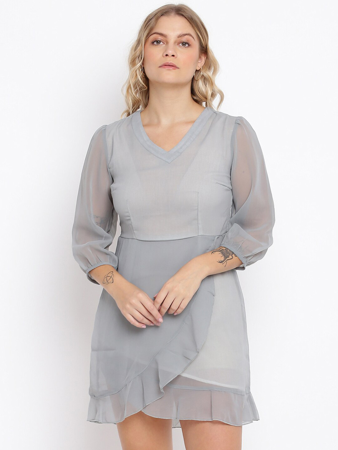 

abof Women Grey Solid V-Neck A-Line Mini Dress
