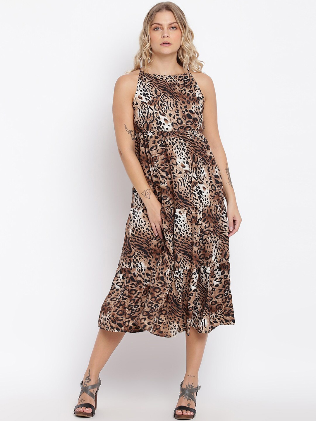 

abof Women Brown & Black Animal Print A-Line Midi Dress