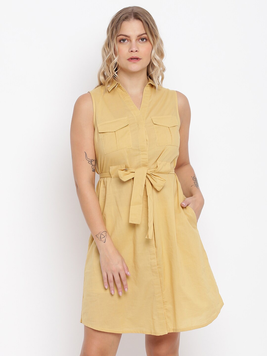 

abof Women Beige Solid Spread Collar Shirt Style Dress