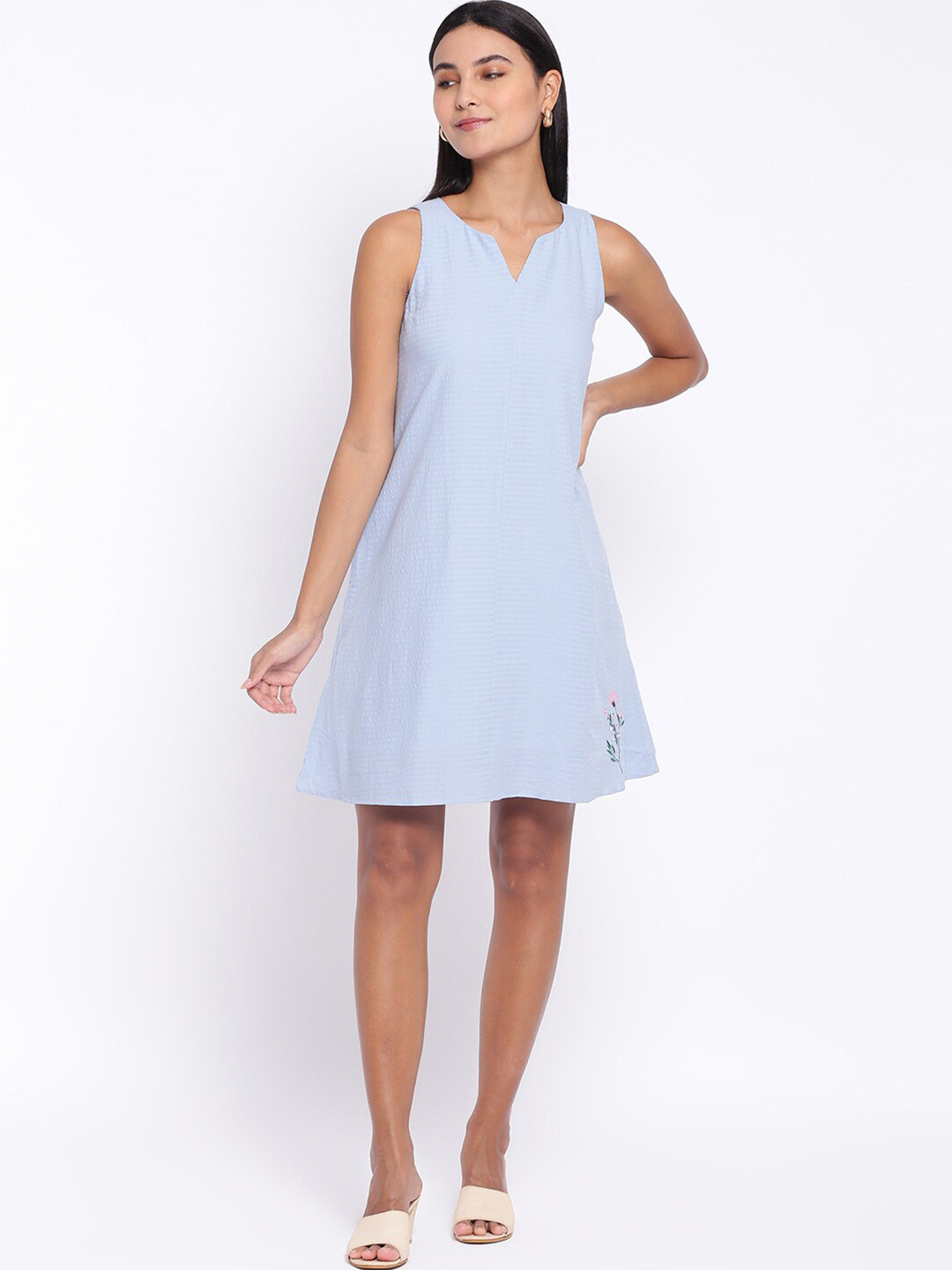 

abof Women Blue Self Design Sleeveless A-Line Dress