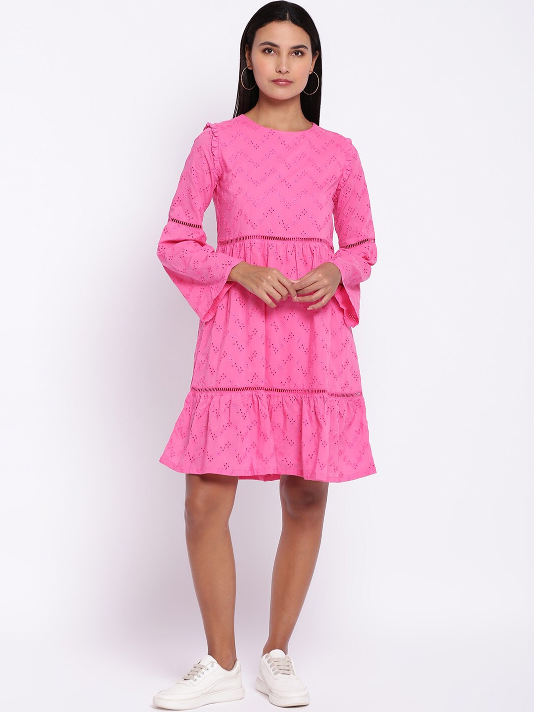 

abof Women Pink Self Designed Knee Length Dress