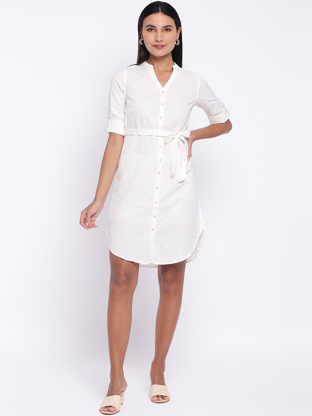 

abof Women White Solid Mandarin Collar Cotton Shirt Style Dress