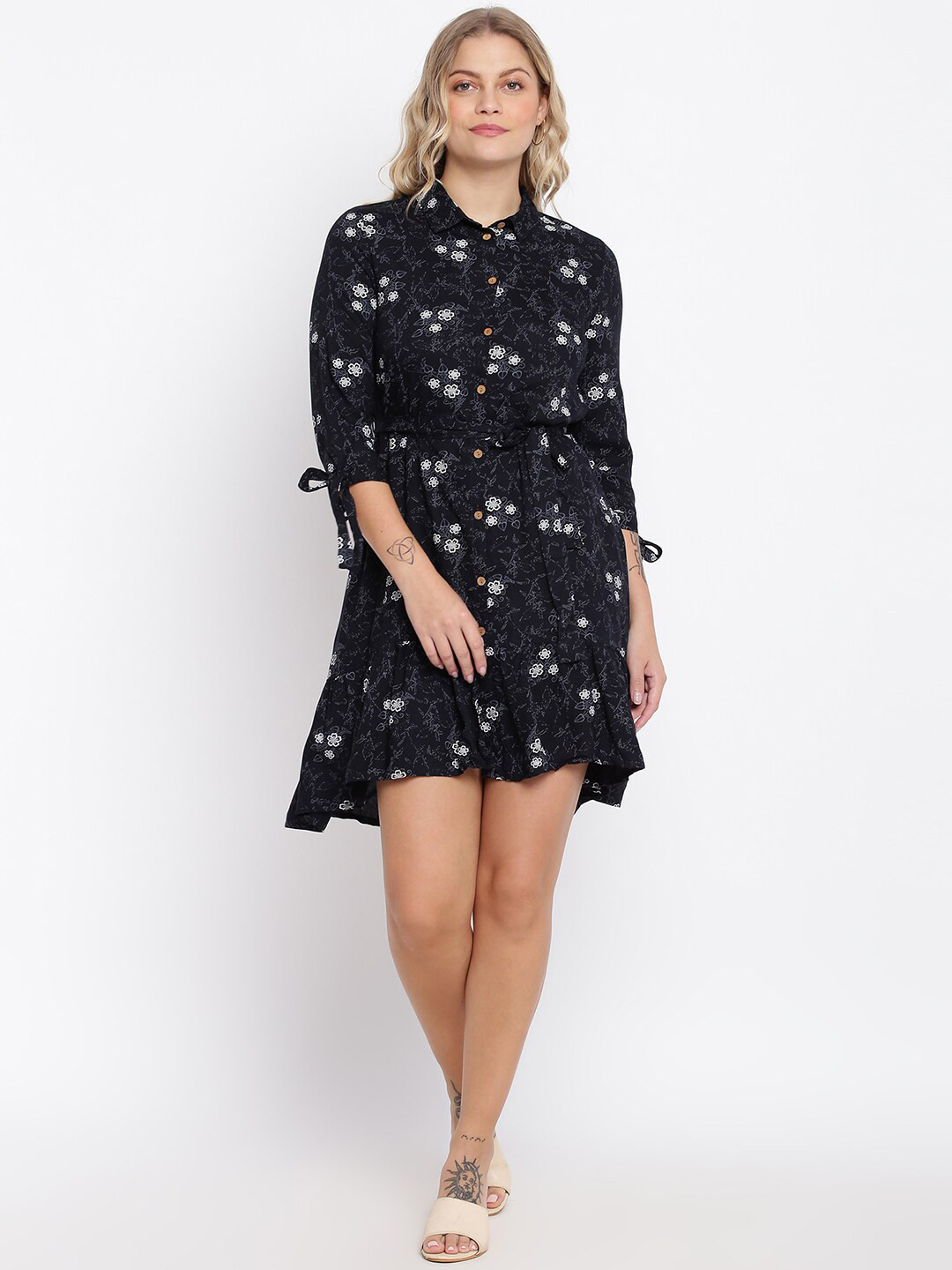 

abof Women Black & White Floral Printed Shirt Style Dress