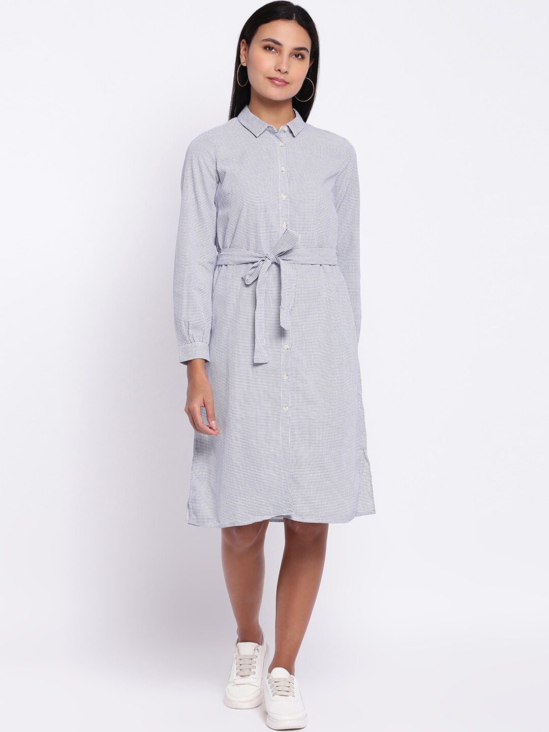 

abof Women Off White & Black Checked Cotton Shirt Style Dress