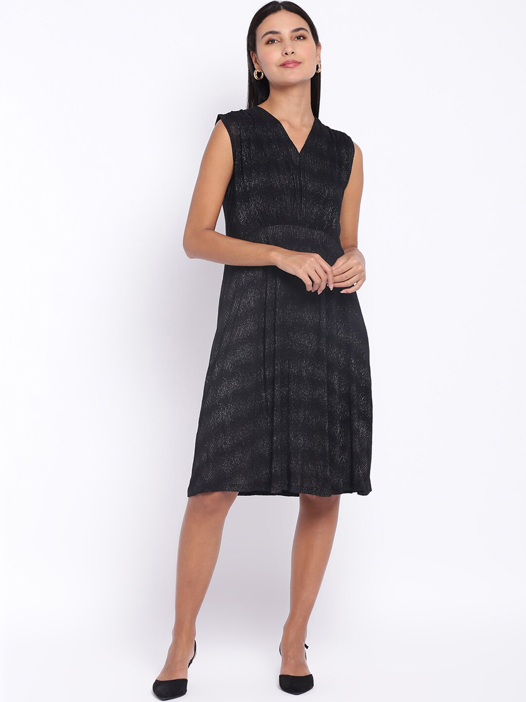 

abof Women Black Self Designed Sleeveless A-Line Dress