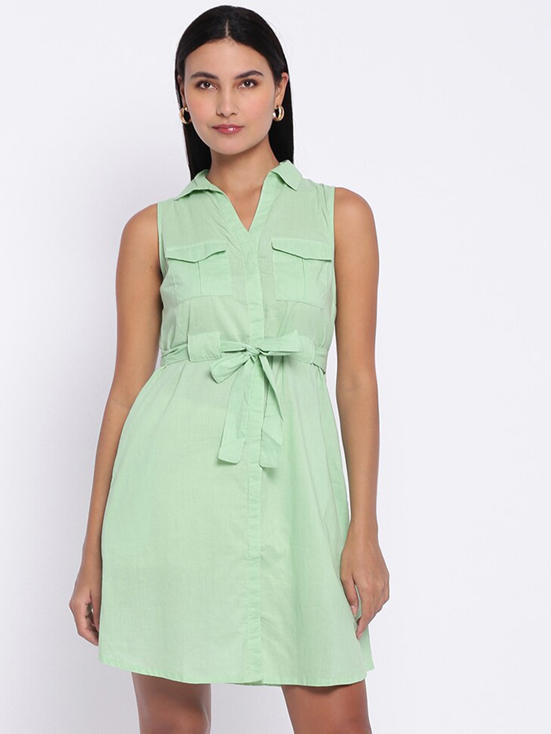 

abof Women Green Solid Spread Collar Shirt Style Dress