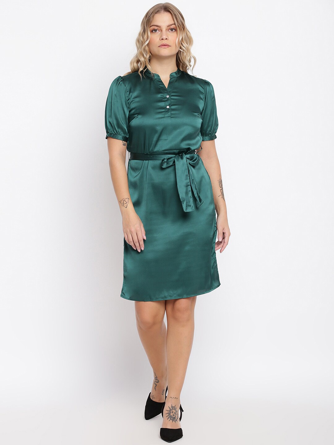 

abof Women Green Solid Cotton Mandarin Collar Sheath Dress