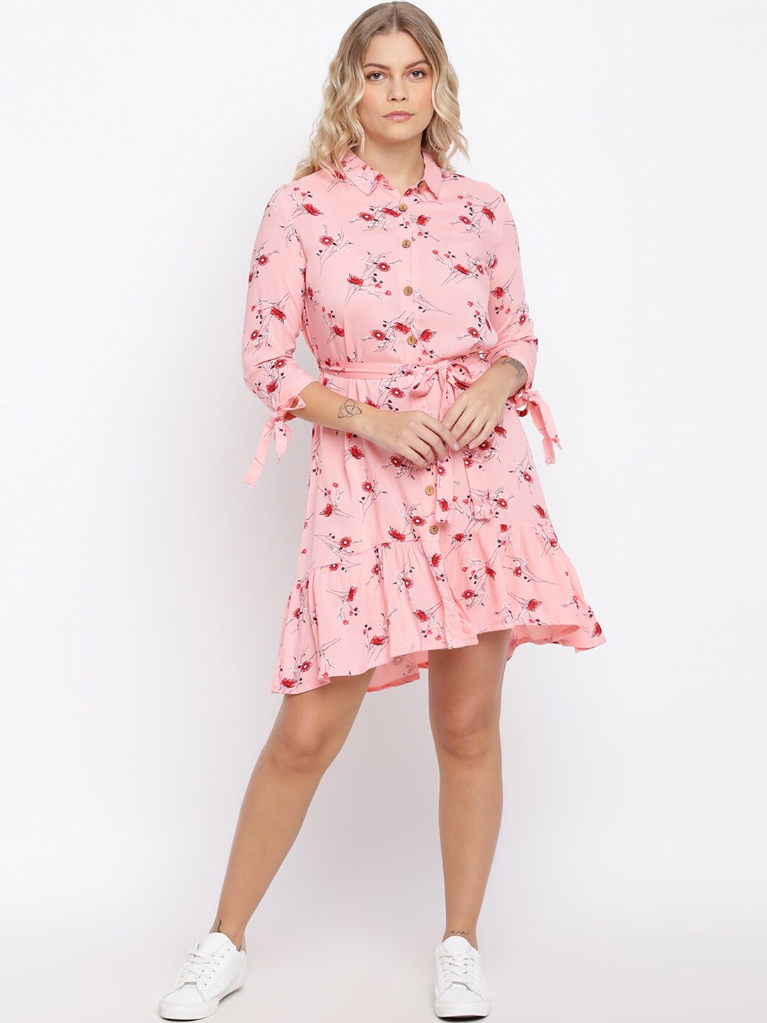 

abof Women Pink & Red Floral Printed Cotton Shirt Style Dress