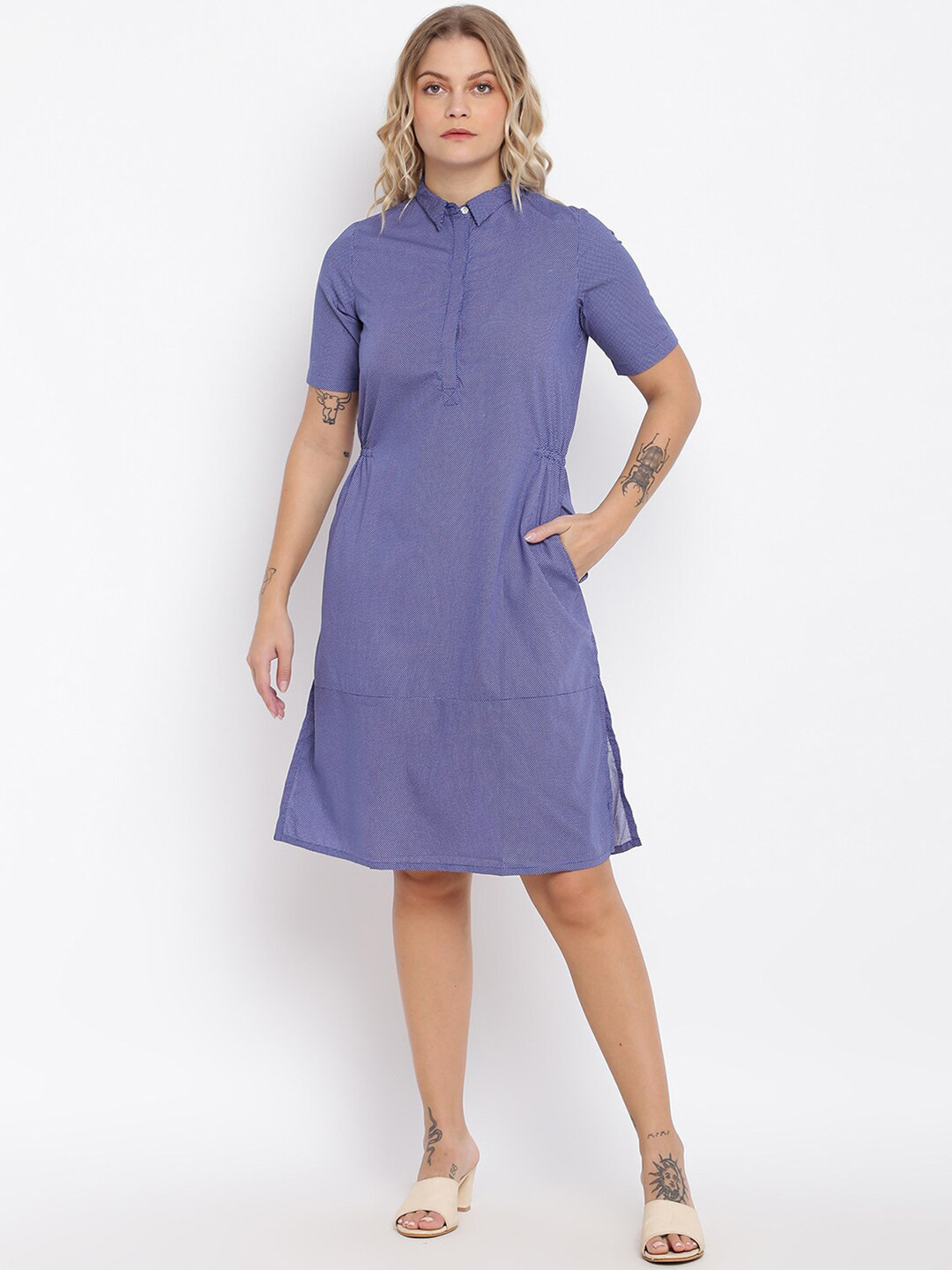 

abof Women Blue & White Printed Cotton Shirt Style Dress