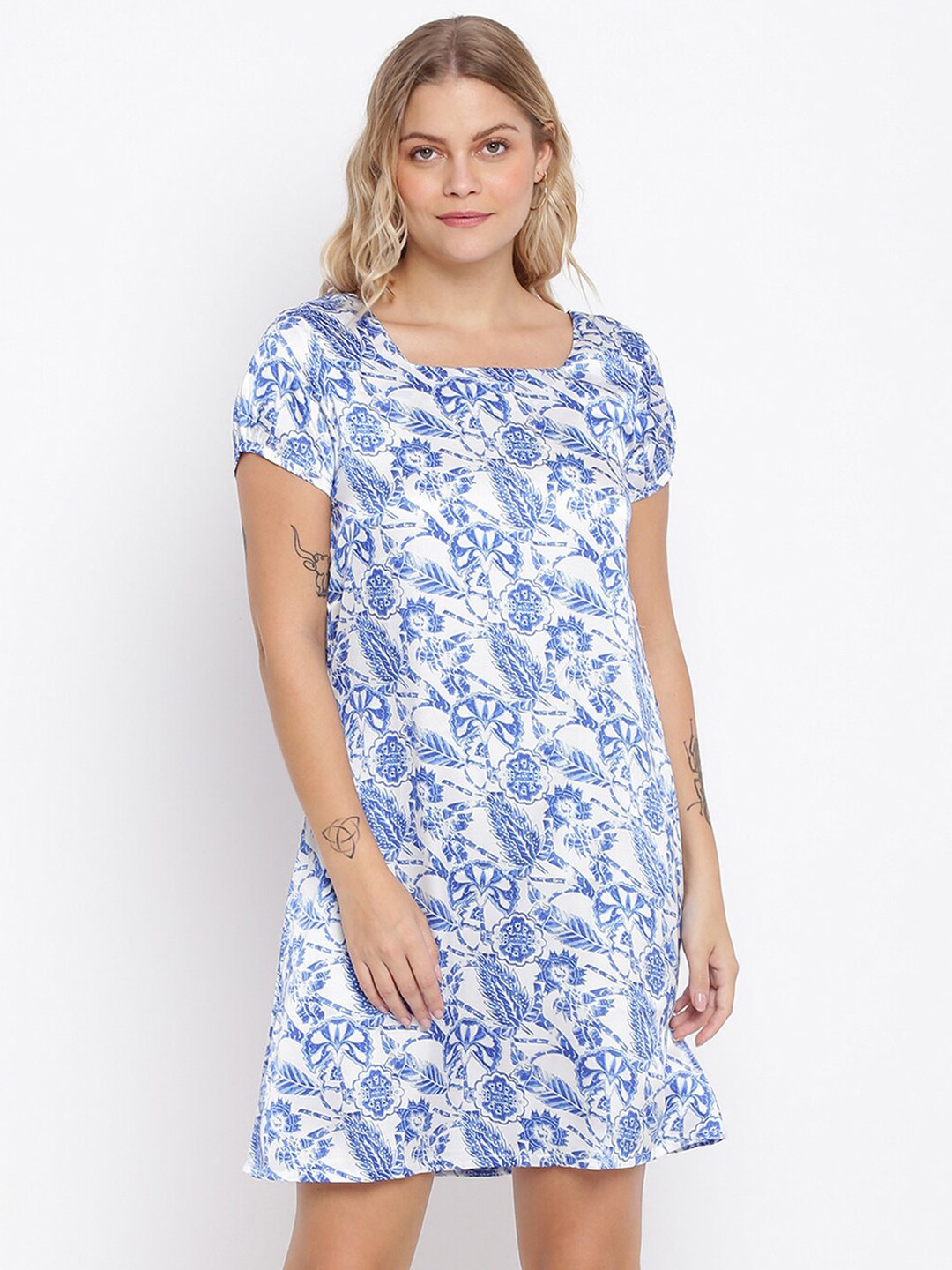 

abof Women White & White Floral Printed Cotton A-Line Dress