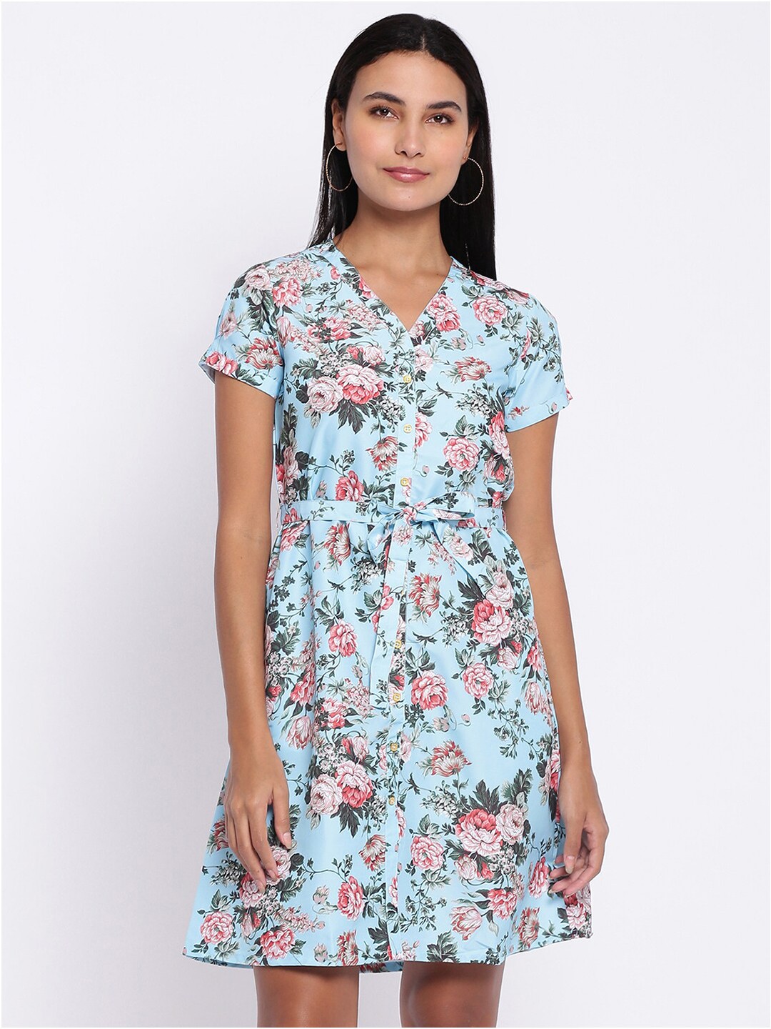 

abof Women Blue & Pink Floral Printed V-Neck A-Line Dress