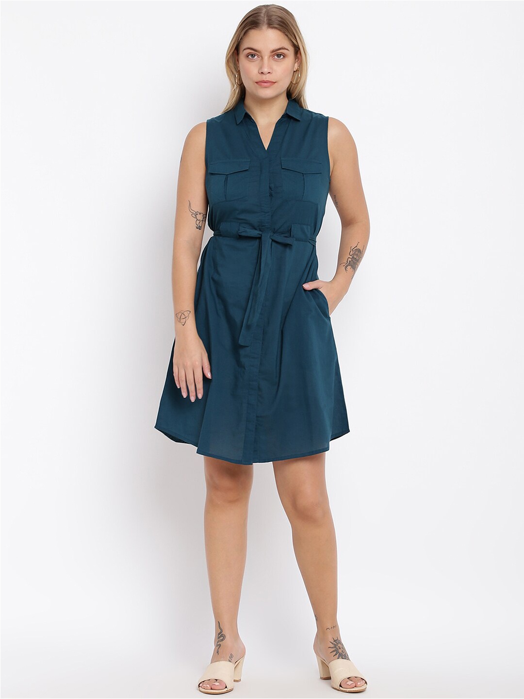 

abof Women Teal Solid Spread Collar Shirt Style Dress