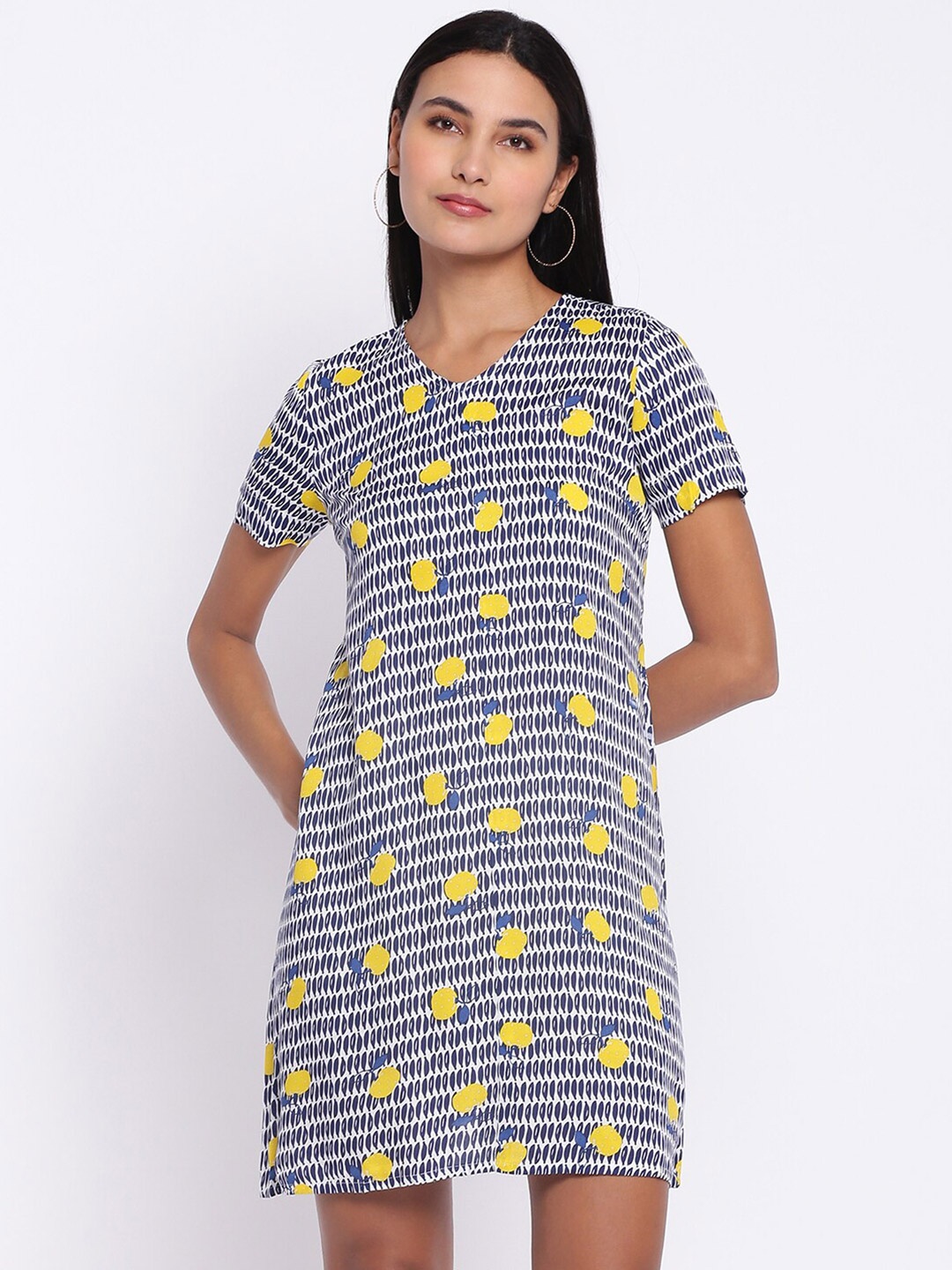 

abof Women White & Blue Printed Cotton V-Neck A-Line Dress