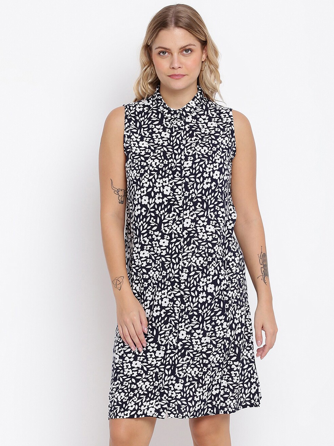 

abof Women Black & White Floral Printed Cotton Shirt Style Dress