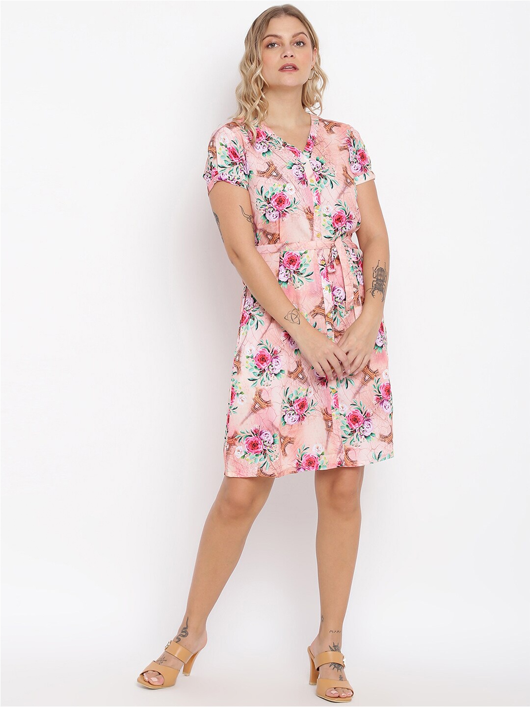 

abof Women Pink & Green Floral Printed V-Neck A-Line Dress