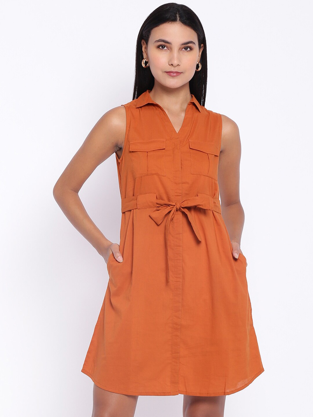 

abof Women Rust Solid Spread Collar Cotton Shirt Style Dress