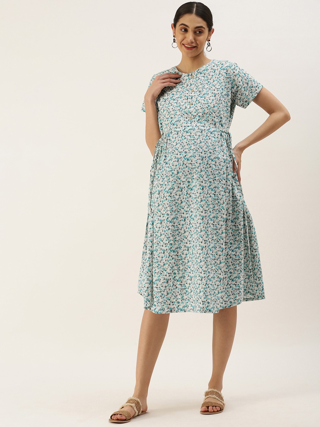 

Nejo Pure Cotton Floral Printed Maternity A-Line Dress, White