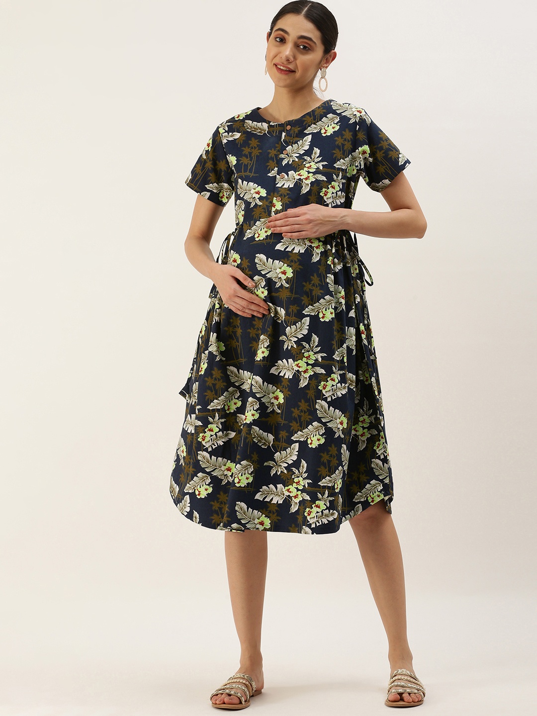 

Nejo Pure Cotton Floral Printed Maternity A-Line Dress, Navy blue