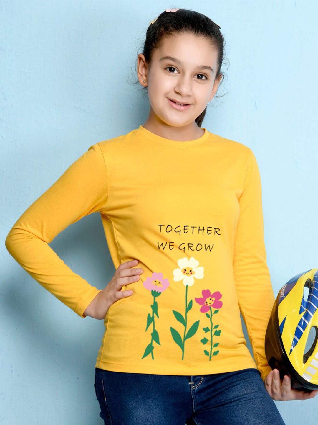 

NUSYL Girls Yellow Printed High Neck T-shirt