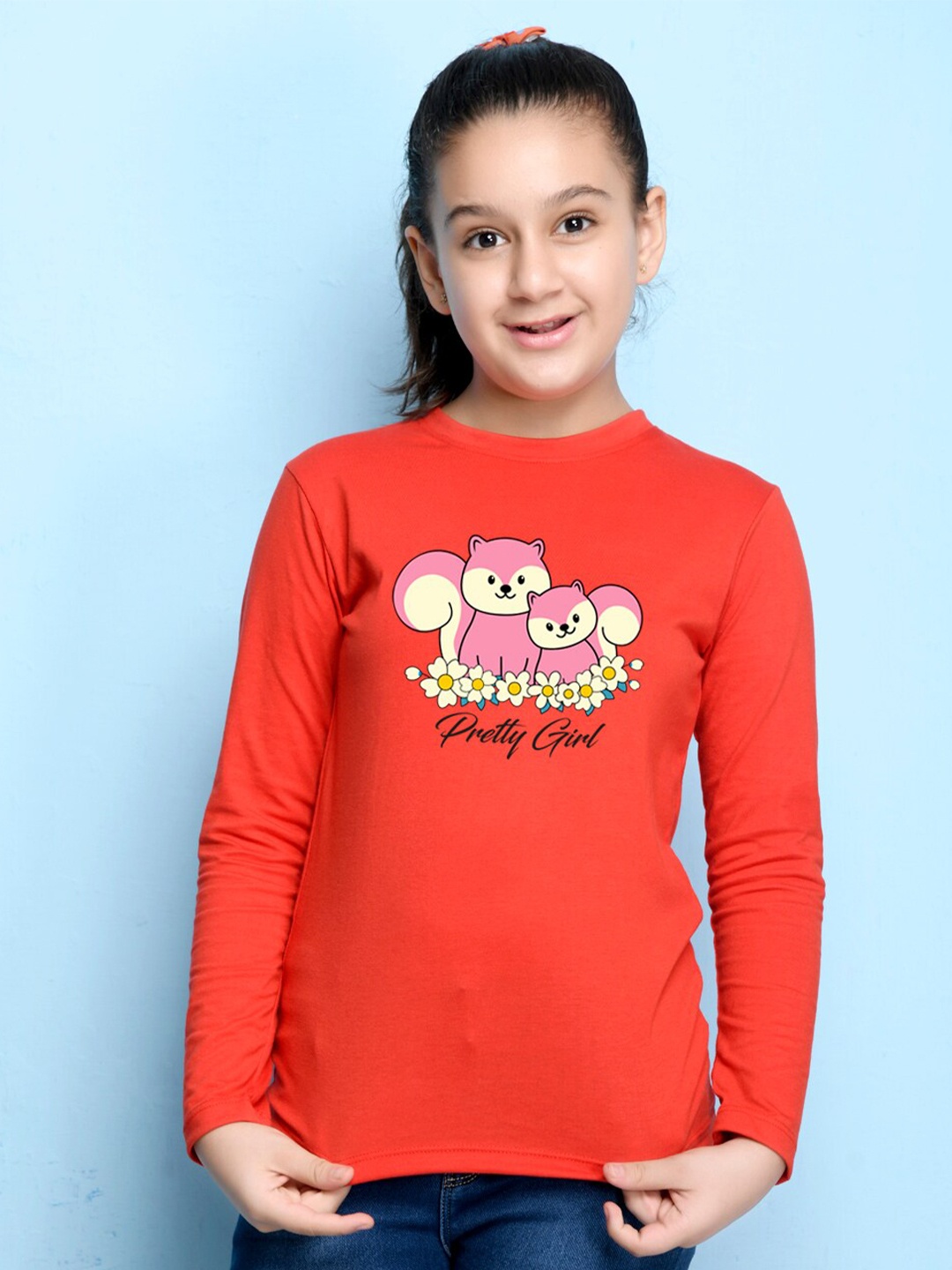 

NUSYL Girls Red Printed High Neck T-shirt